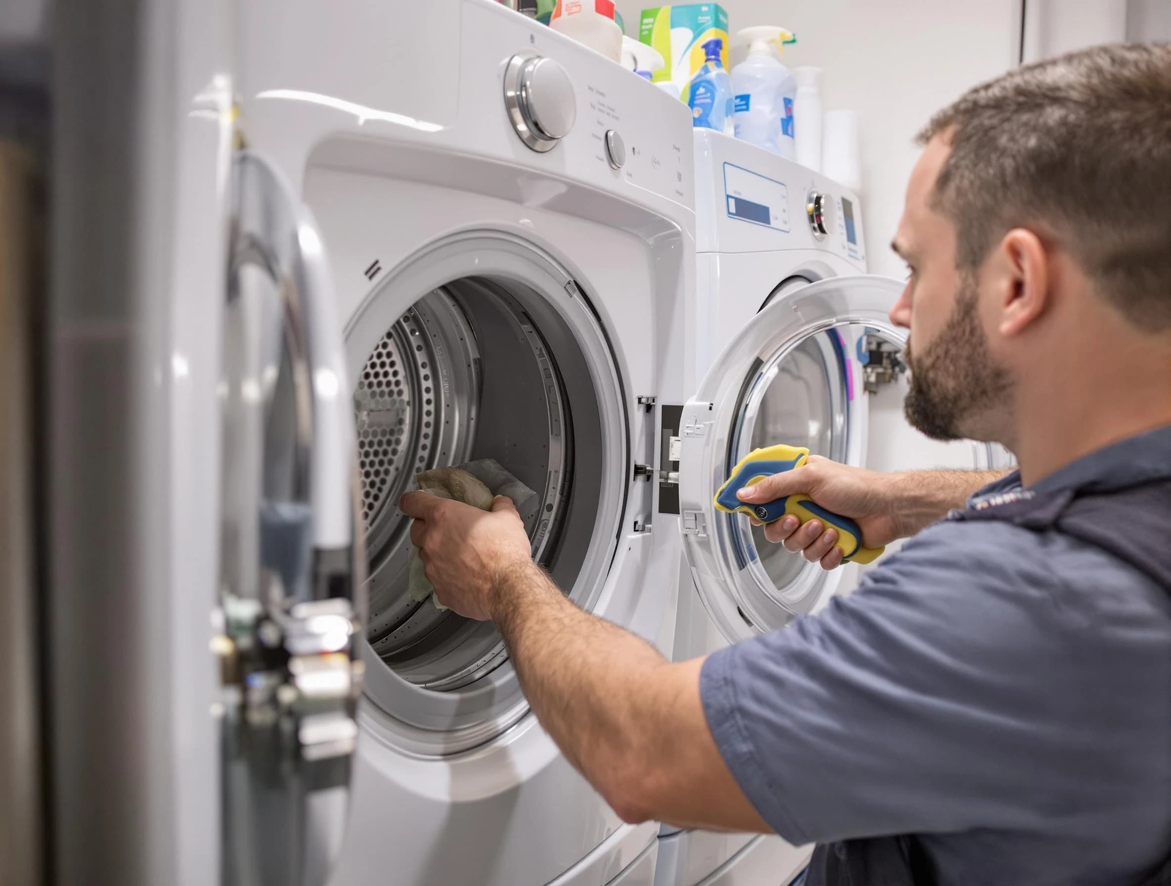 Santa Ana Dryer Vent Cleaning specialist removing lint buildup from a dryer lint trap system in Santa Ana