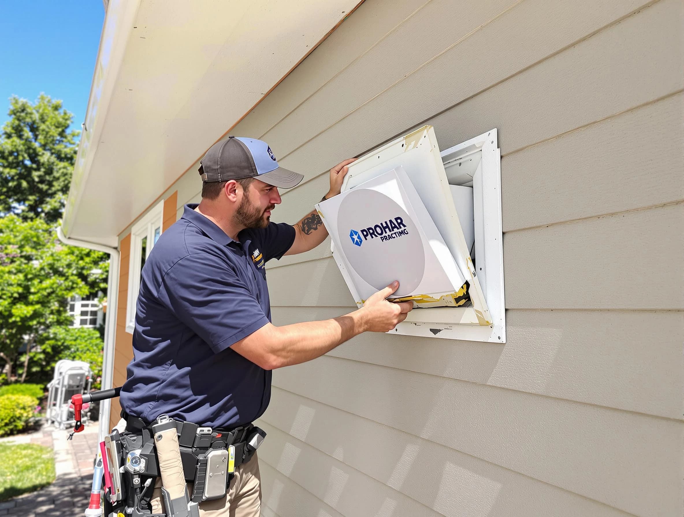 Santa Ana Dryer Vent Cleaning technician installing a new protective dryer vent cover on a home in Santa Ana