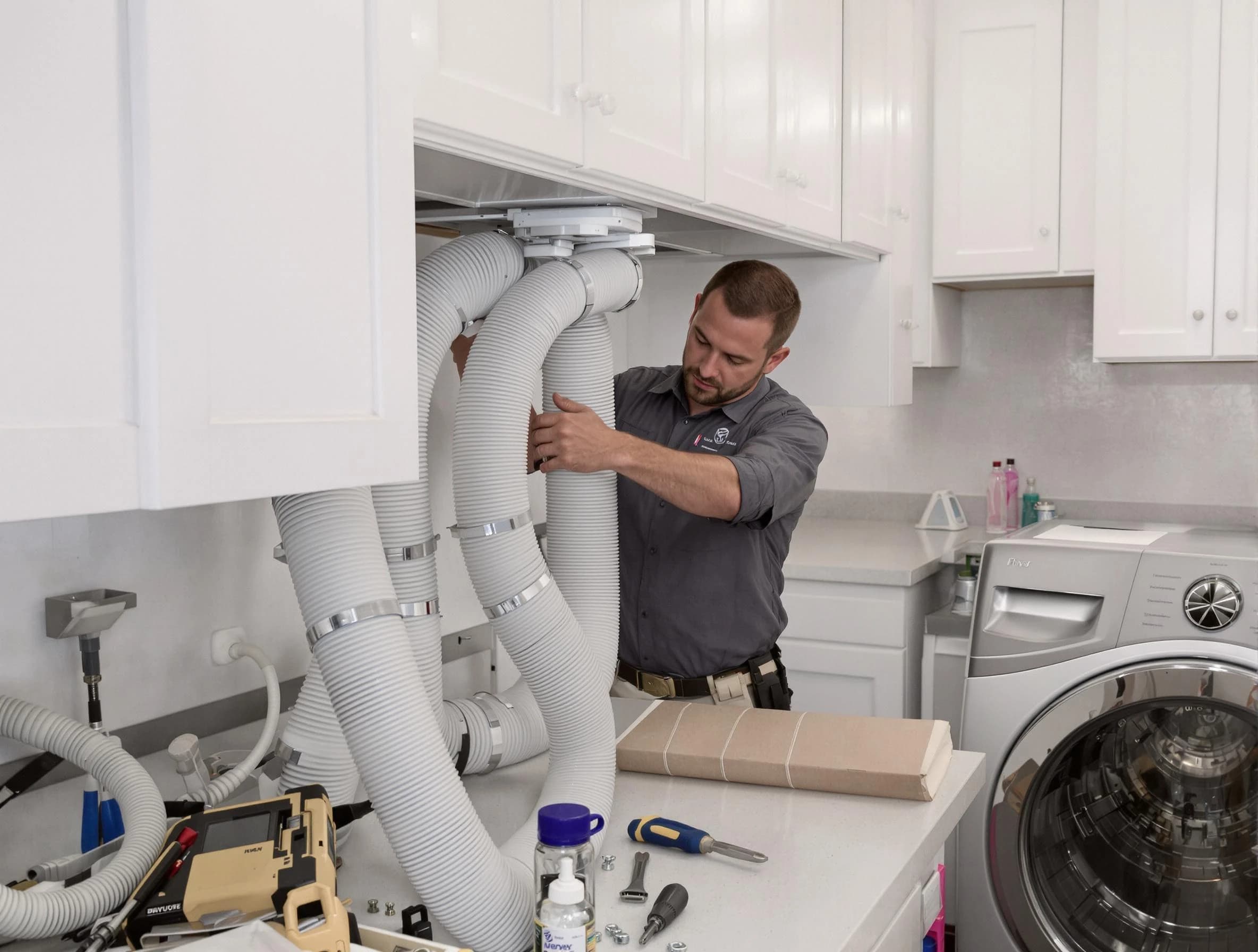 Santa Ana Dryer Vent Cleaning technician installing a new professional-grade dryer vent hose in Santa Ana