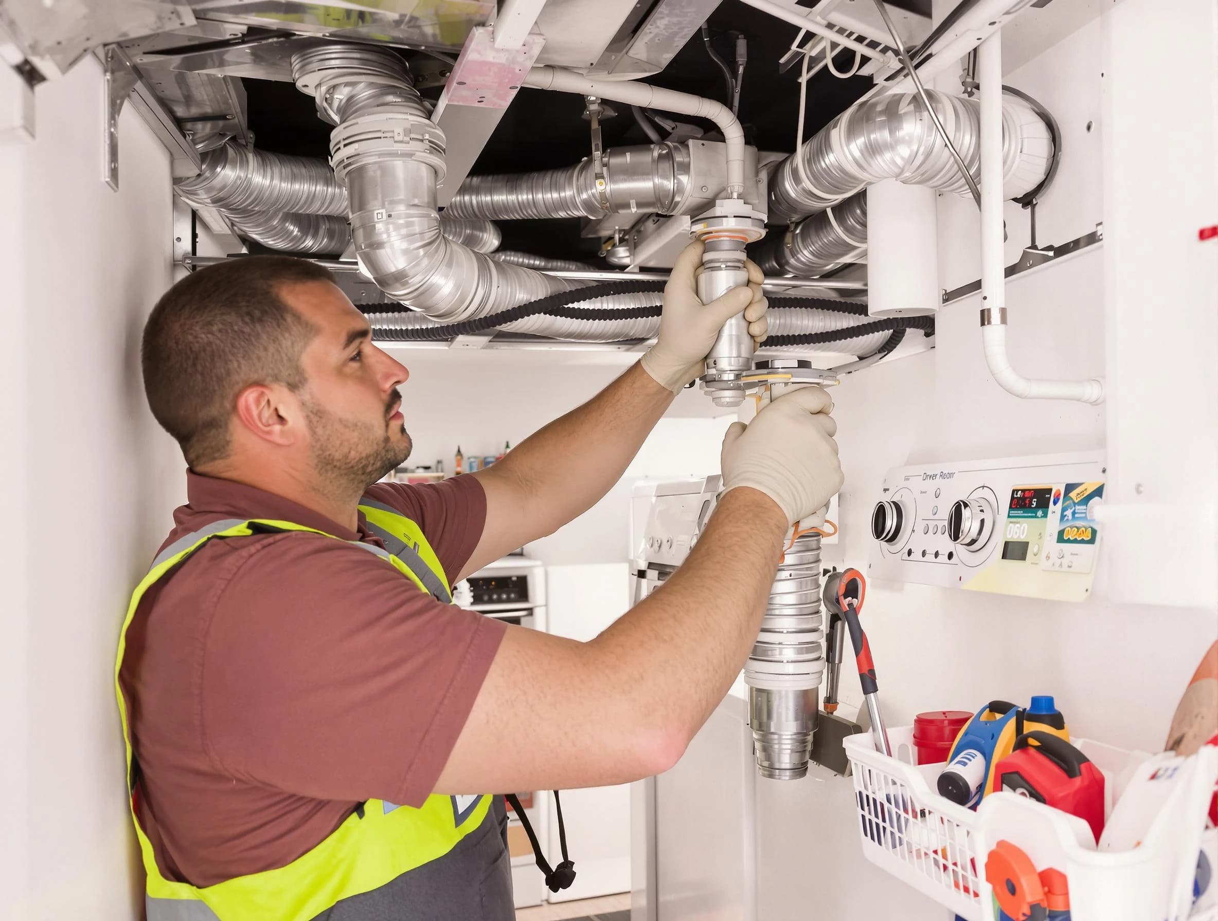 Santa Ana Dryer Vent Cleaning expert performing both repair and installation work on a dryer vent system in Santa Ana