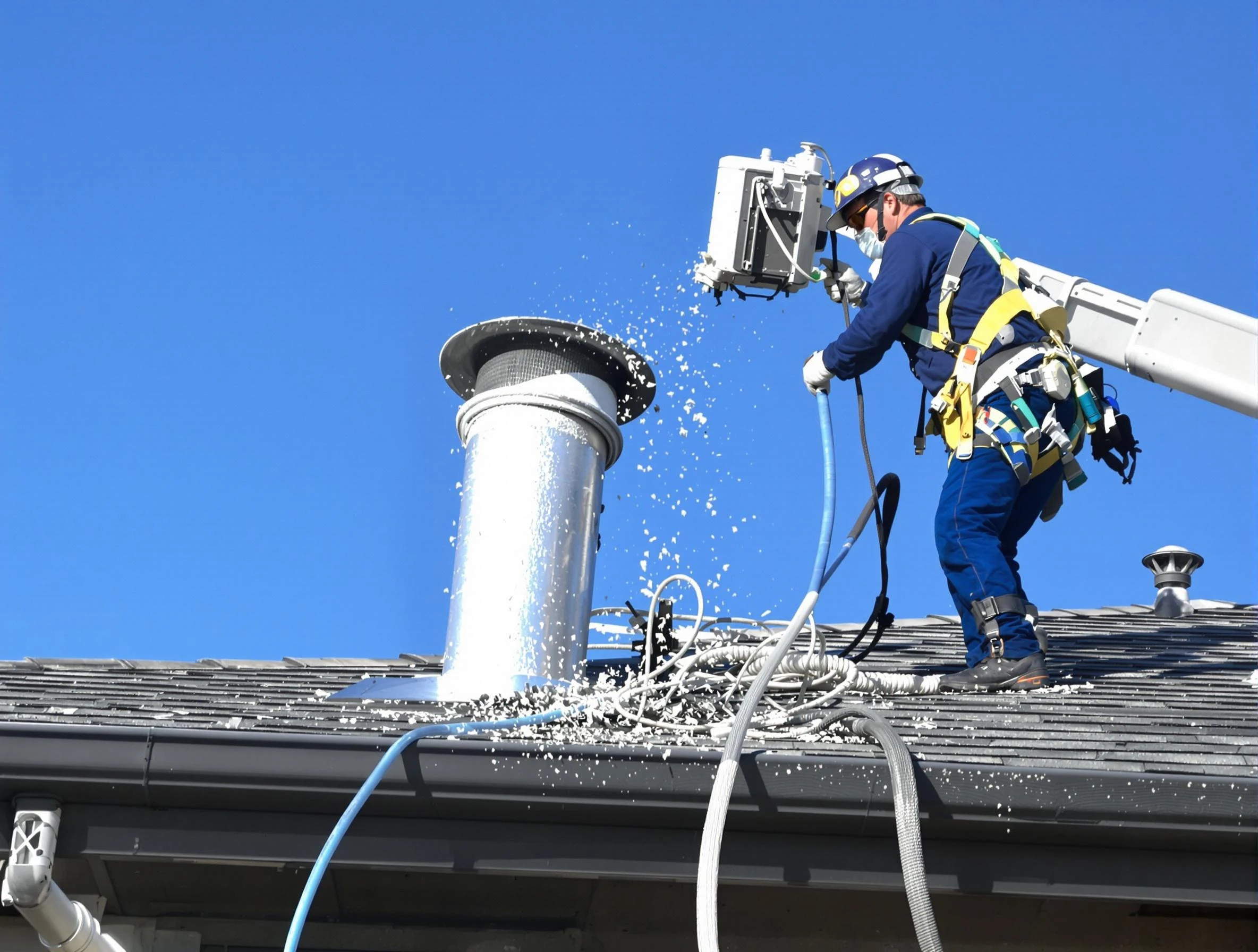 Santa Ana Dryer Vent Cleaning certified technician safely cleaning a roof-mounted dryer vent in Santa Ana