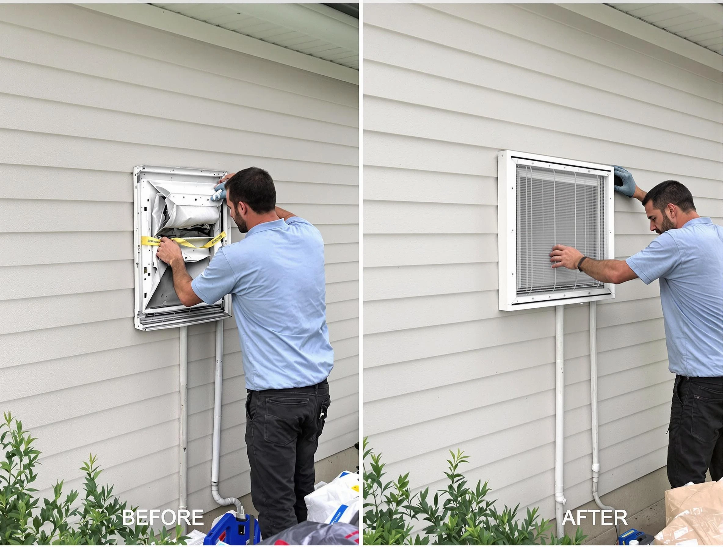 Santa Ana Dryer Vent Cleaning technician installing high-quality dryer vent cover at a residential property in Santa Ana